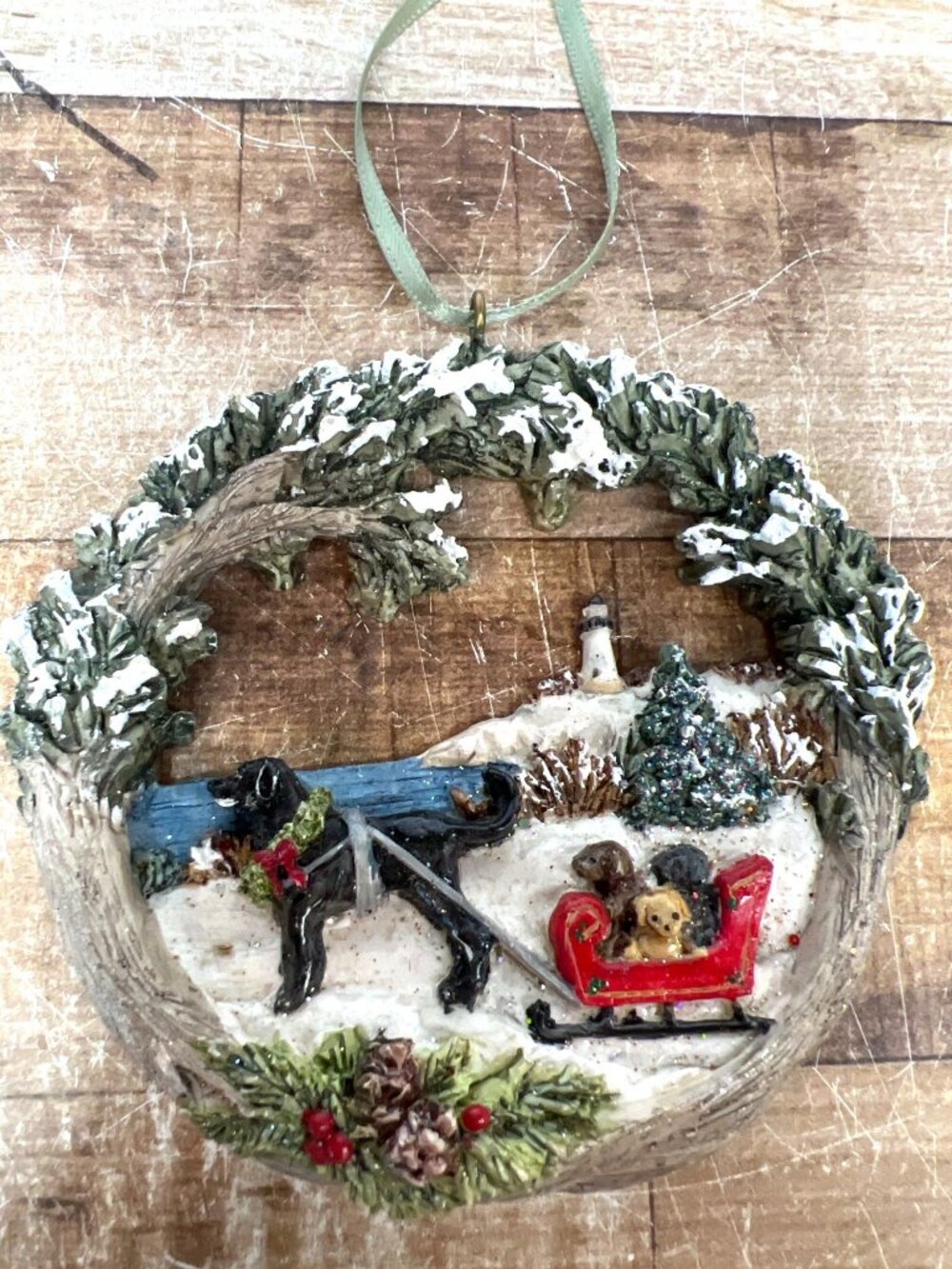Dog Sledding Christmas Ornament  Round Hand-Painted Resin